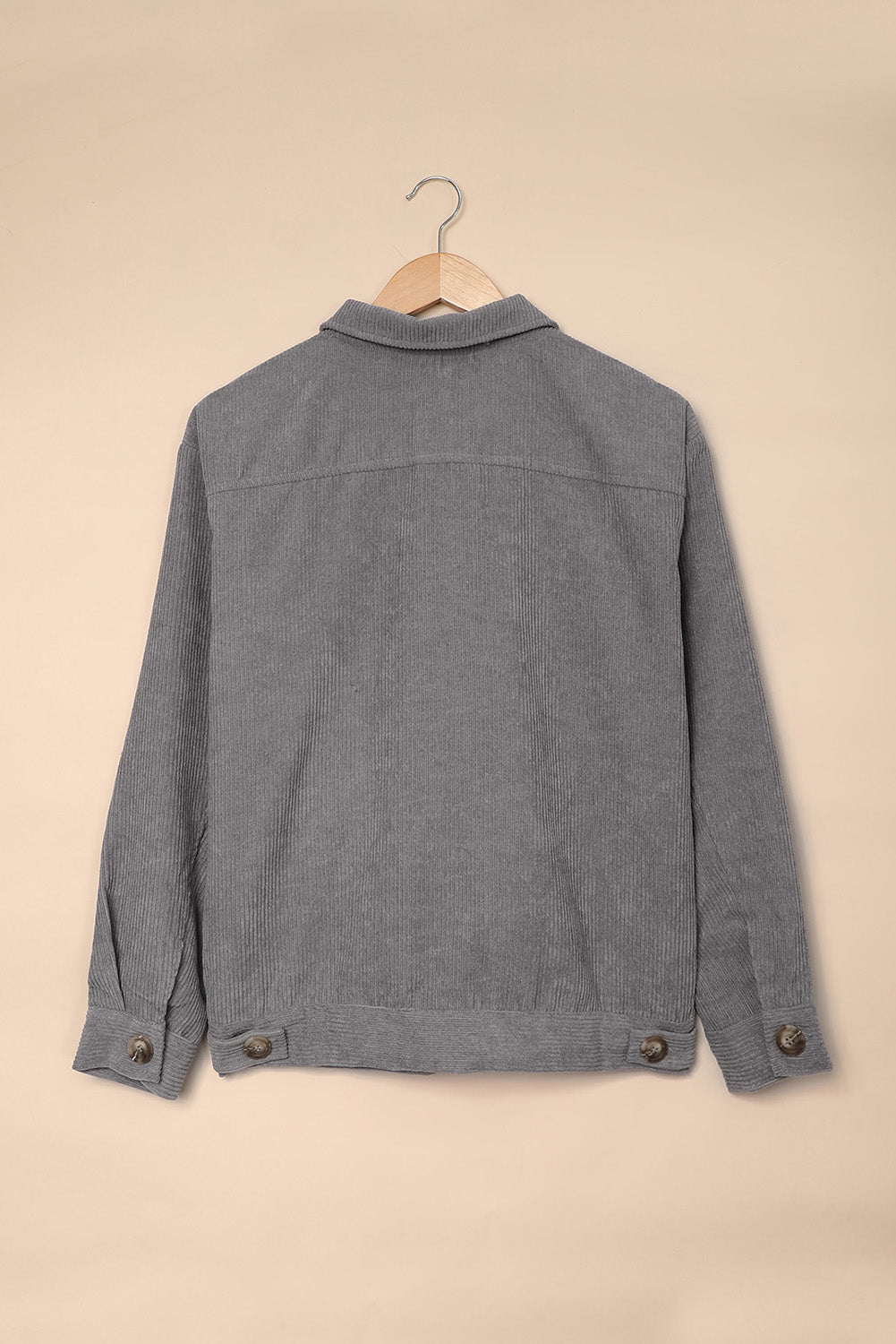 Gray Ribbed Corduroy Long Sleeve Jacket with Pocket