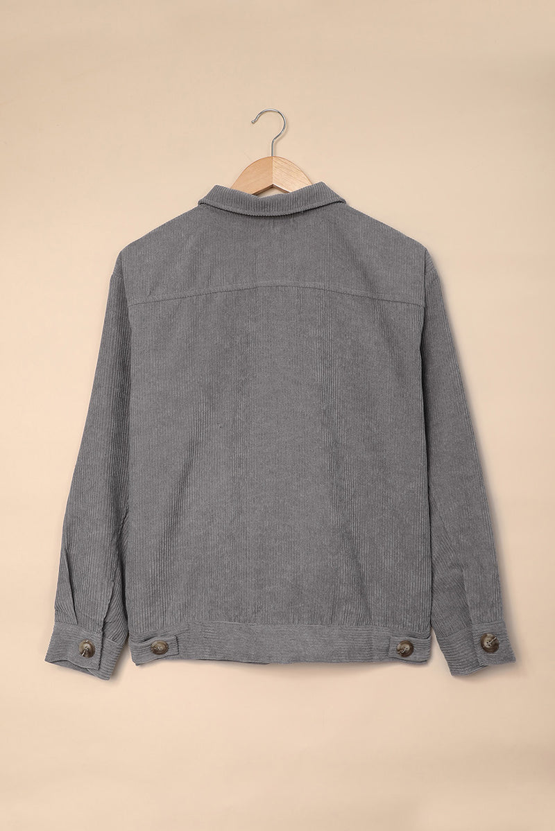 Gray Ribbed Corduroy Long Sleeve Jacket with Pocket