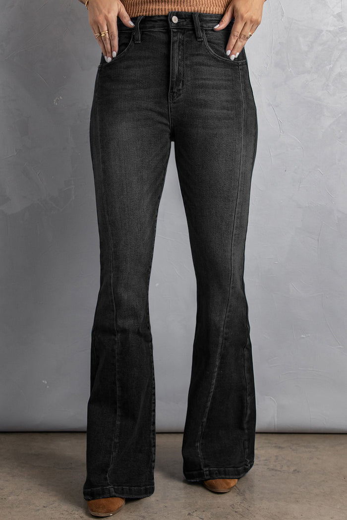 Black High Waist Flare Jeans with Pockets