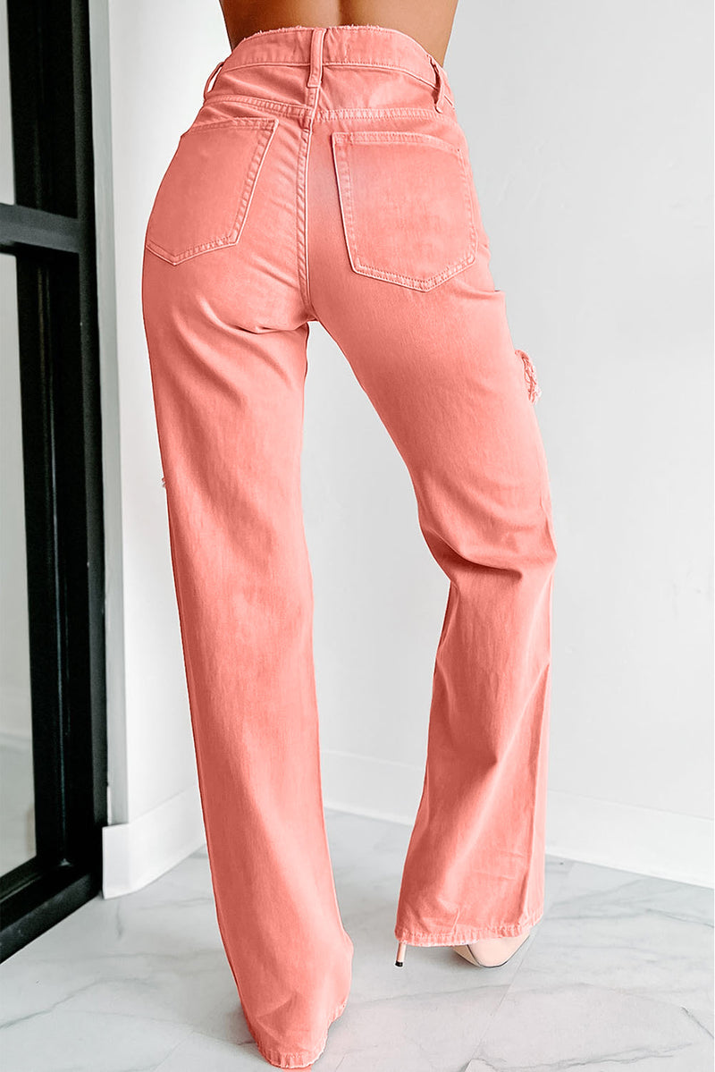 Pink High Waist Ripped Straight Leg Pocket Jeans