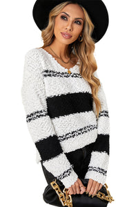 Striped Colorblock V Neck Long Sleeve Knitted Sweater