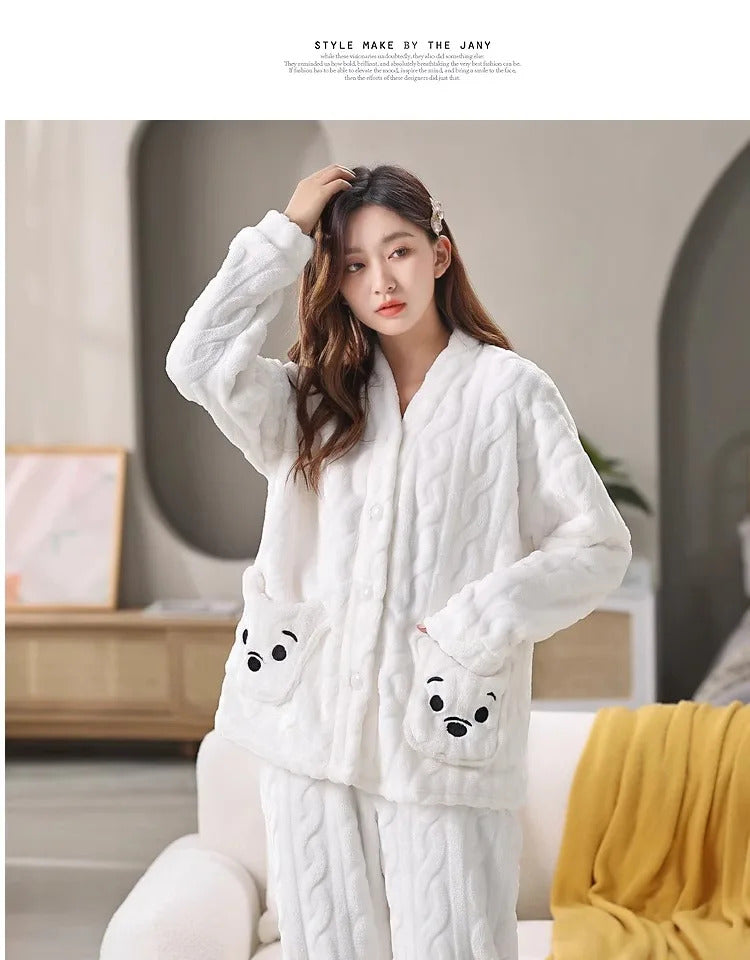 Thickened Warm Coral Velvet Pajamas Women's Autumn and Winter Padded Cartoon Bear Striped Flannel School Pajamas Winter Homewear