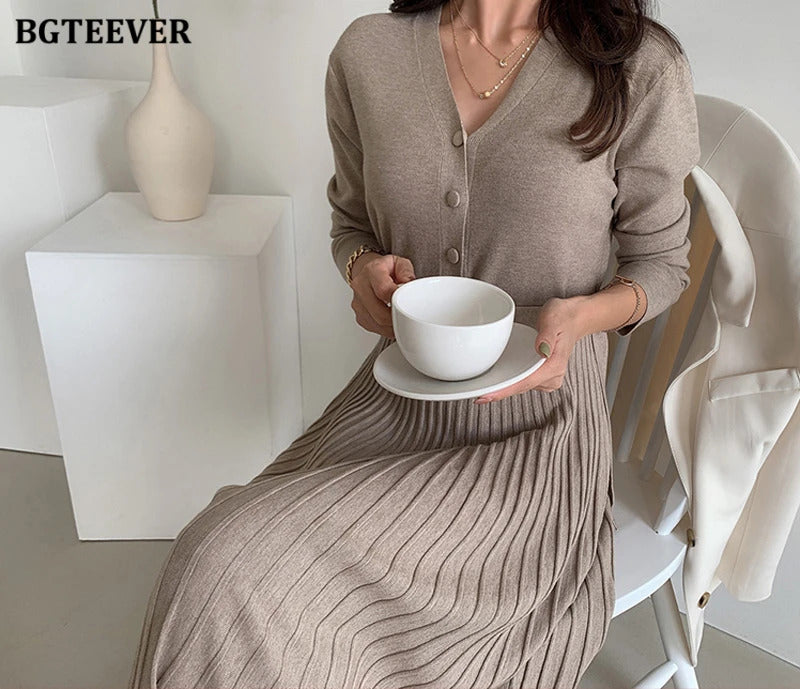 BGTEEVER Elegant V-neck Single-breasted Women Thicken Sweater Dress 2021 Autumn Winter Knitted Belted Female A-line soft dresses