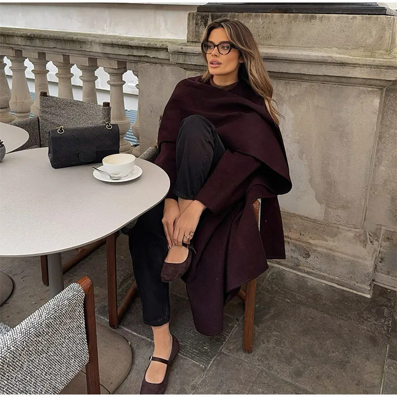 2024 Burgundy Red Elegant Scarf Collar Woolen Overcoat Women Fashion Long Sleeved Lace Up Oversized Jacket Female Chic Outerwear