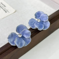 LATS Red Blue Enamel Flower Stud Earrings for Women Korean Fashion Five Petals Crystal Flowered Lovely Cute Girls Ear Decoration