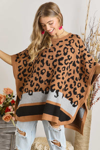 Camel Leopard Print Poncho Sweater