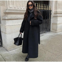 Elegant With Belt Black Long Coat For Women Oversize Woolen Double Button Lapel Overcoat Autumn New Lady High Street Outerwear