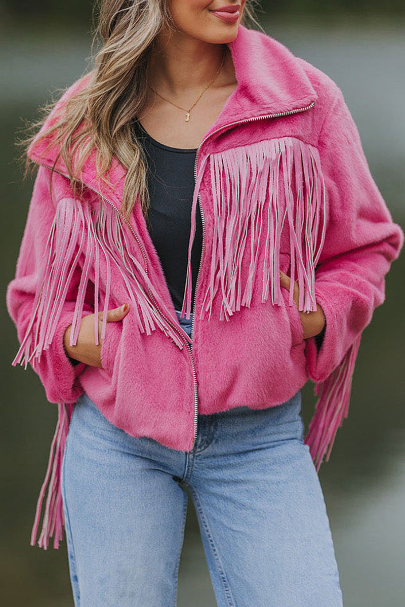 Fringed Full Zipper Fleece Jacket