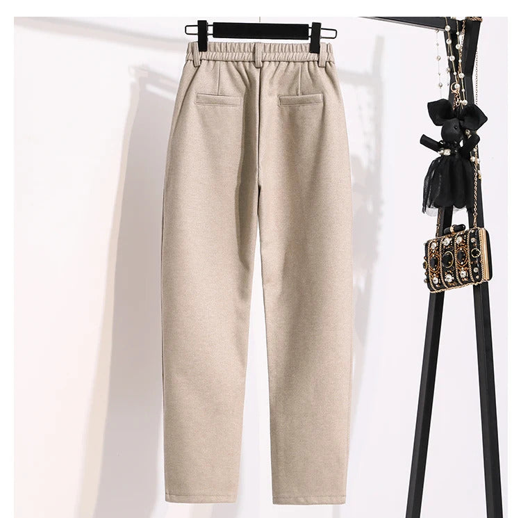 Plus Size Woolen Pants Women 2024 Autumn Winter New Arrivals Beige Or Black Suit Pants Trousers Korean Style Elastic Waist Pants