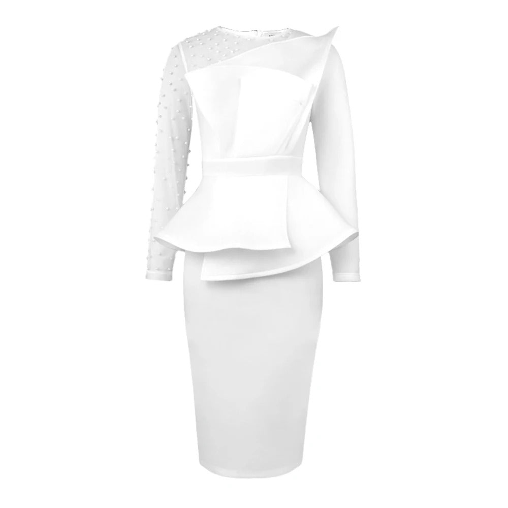 Women White Party Dress Sexy Long Sleeve Beading Mesh Patchwork Peplum Elegant Knee Length Christmas Event Evening African Gowns