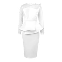 Women White Party Dress Sexy Long Sleeve Beading Mesh Patchwork Peplum Elegant Knee Length Christmas Event Evening African Gowns