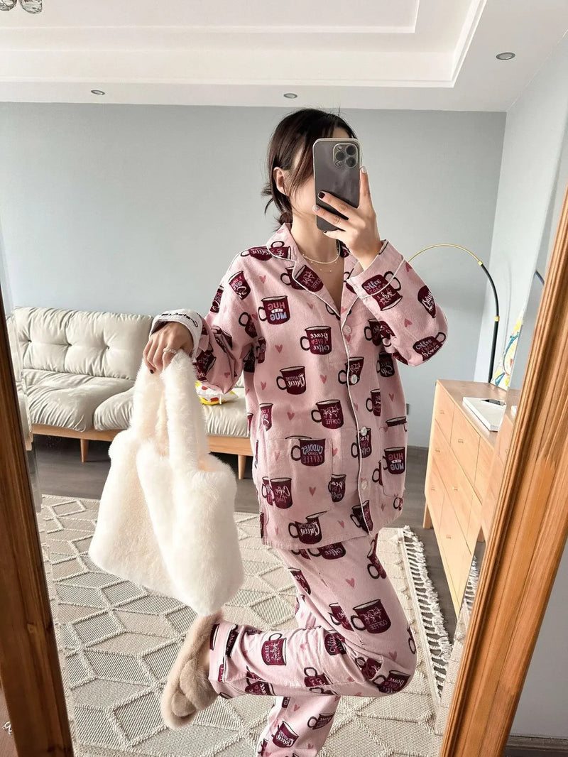 100% Cotton Pajamas for Women Loose Cartoon Long Sleeve Pants Loungewear Women 2 Piece Set Pj Women Outfit Sleepwear Set Pijamas