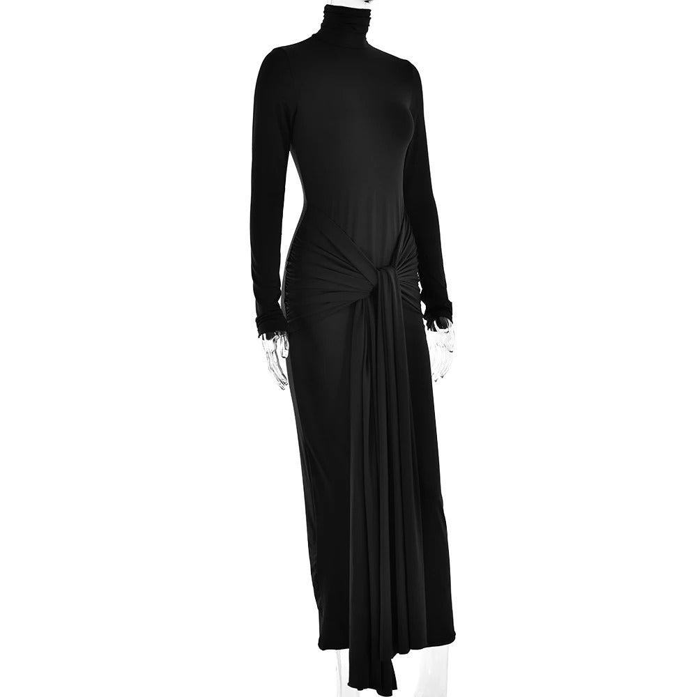 Articat High Neck Long Sleeve Bodycon Dress For Women Tight Elastic Lace Up Maxi Long Dress Autumn 2023 New Party Club Vestidos