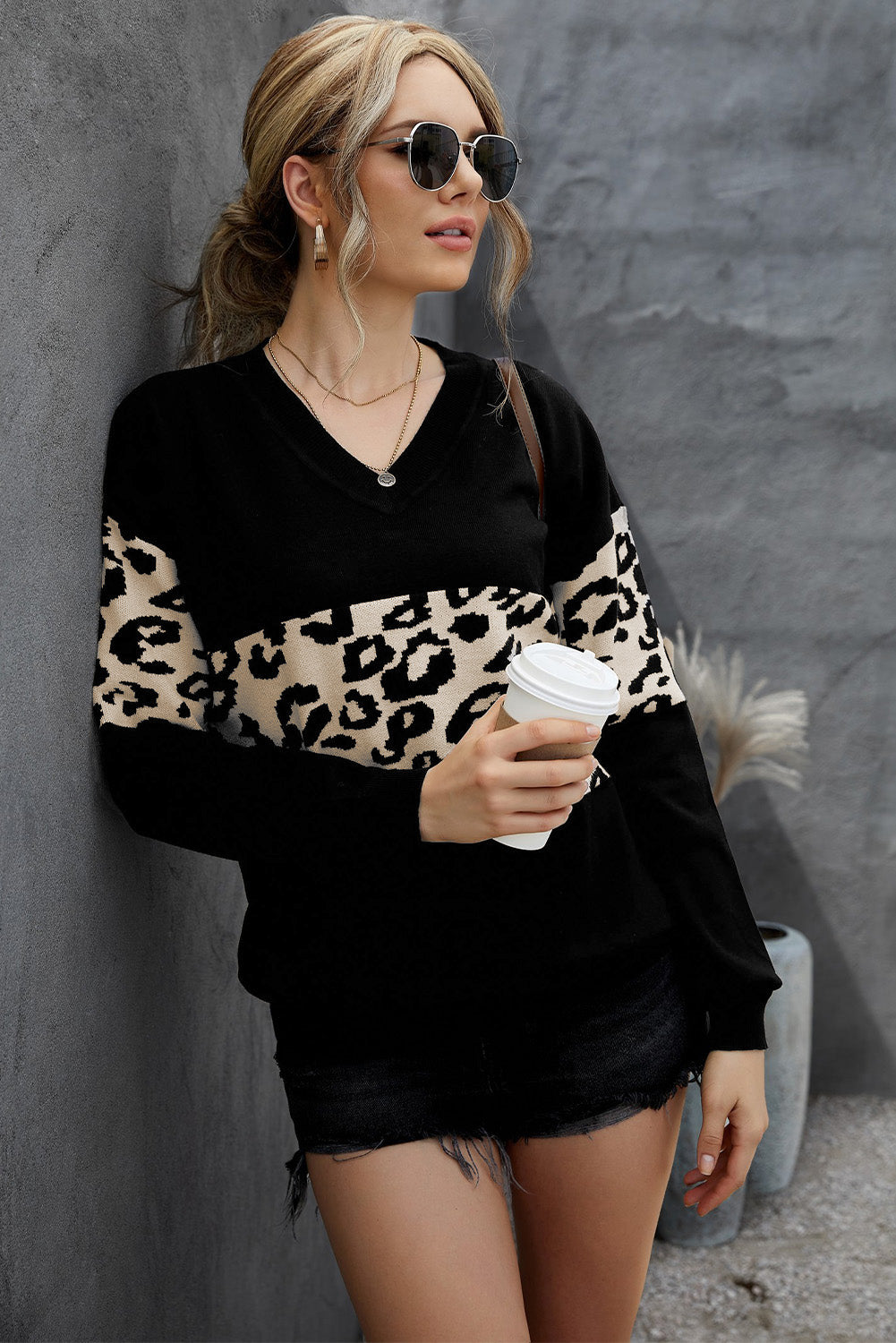 Black Leopard Colorblock V Neck Knit Sweater