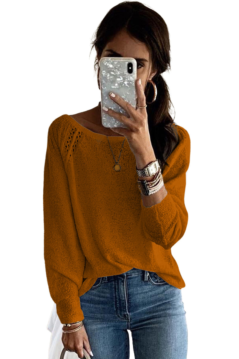 Brown Long Sleeve Cutout Shoulder Relaxed Sweater