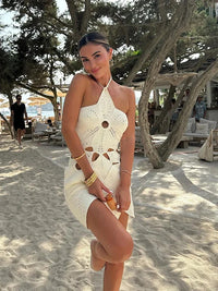 Sexy Solid Hollow Out Halter Dress for Women Chic Sleeveless Backless Female Mini Dresses 2024 Summer New Lady Beach Vestidos ﻿