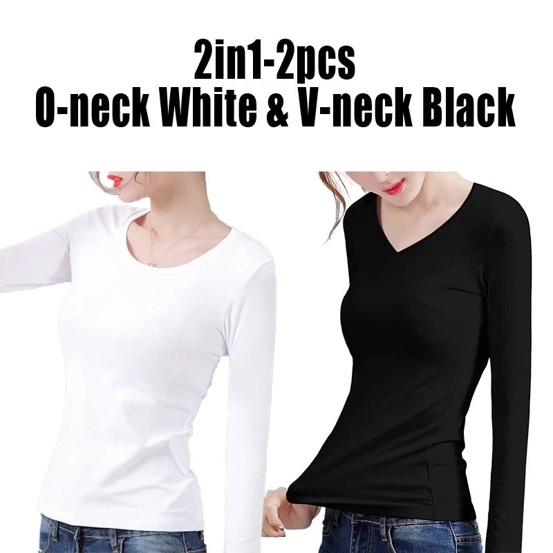 O Neck V Neck Long Sleeve Shirt Women Winter Bottoming Crop Tops Black Casual  Slim Basic Velvet Heating Fiber Thermal T-Shirts