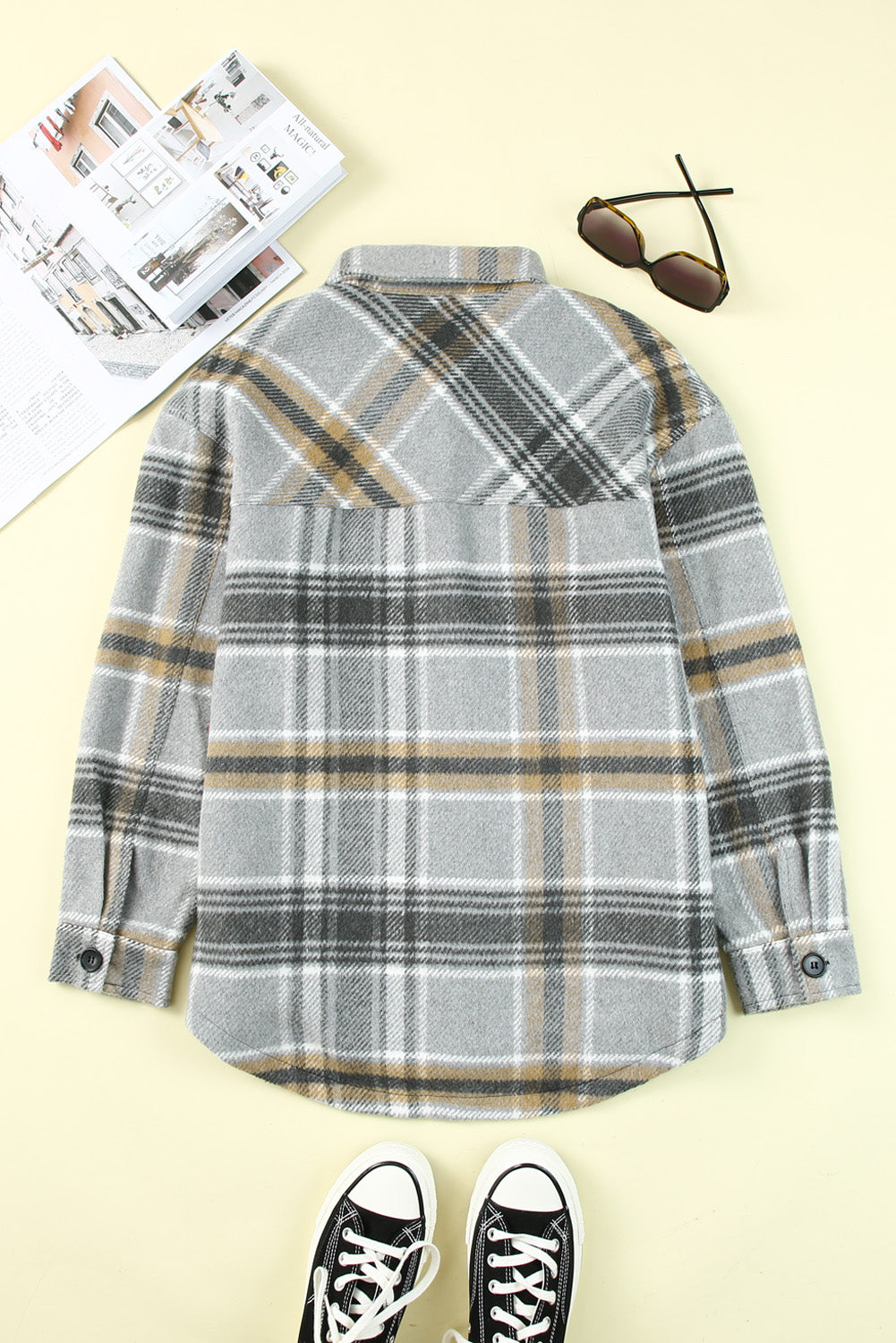 Gray Plaid Print Pocketed Shirt Jacket