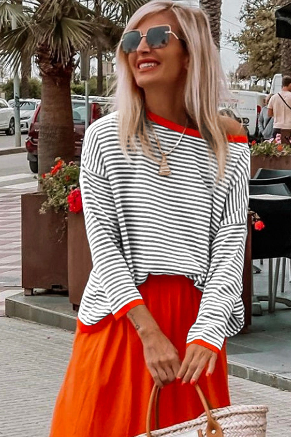 Black Contrast Trimmed Striped Drop Shoulder Sweater