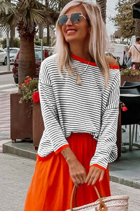 Black Contrast Trimmed Striped Drop Shoulder Sweater