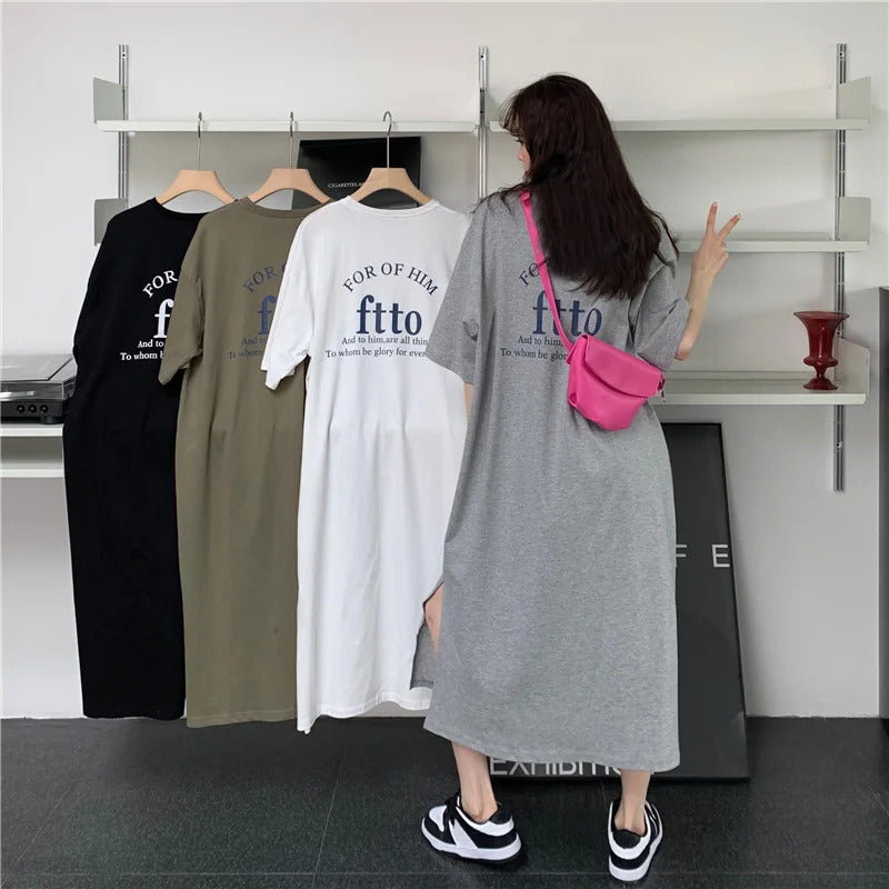 1 Piece plus Size WOMEN'S Loose Split Knee-length T-shirt Dress Casual Simple Fashionable Letter Print Nightgowns