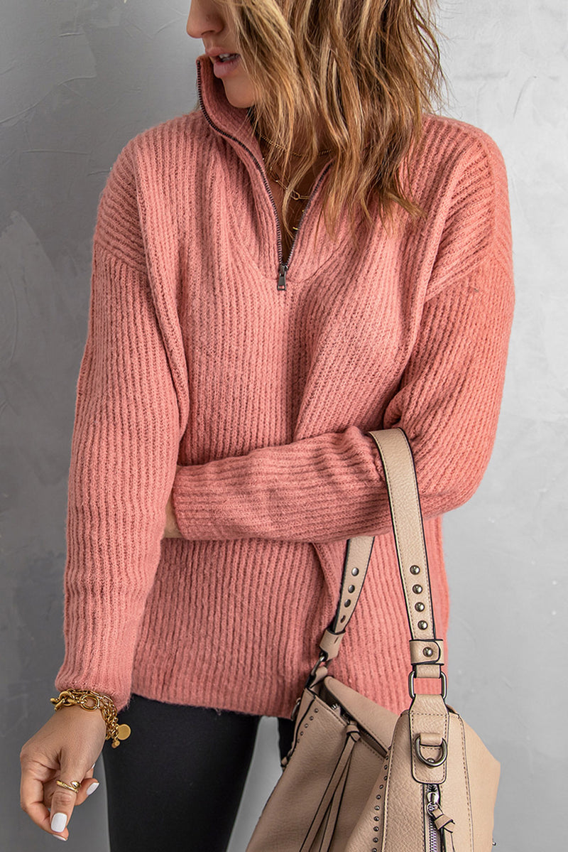 Pink Zip Neck Knitted Sweater