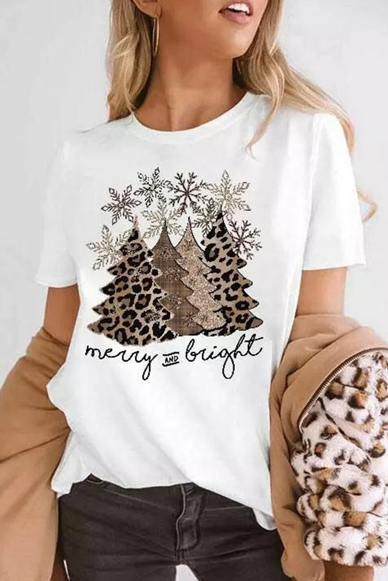 Black Leopard Christmas Tree Graphic Crew Neck T Shirt