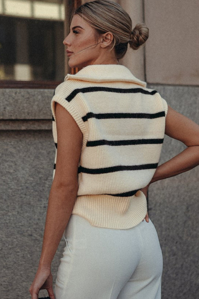 White Stripe Zipped Collar Cap Sleeve Knit Top