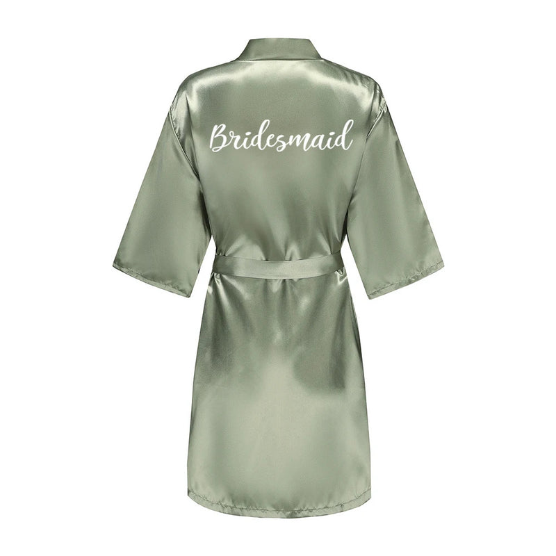 Grass Green Women's White Letter Bride Bridesmaid Short Satin Robes for Wedding Party Getting Ready