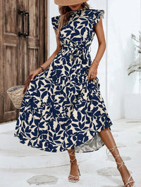 Elegant Women's Flower Midi Dress New Summer Fashion Stand Collar Flying Sleevel Lace Up Dress Casual Beach Holiday Dresses Robe