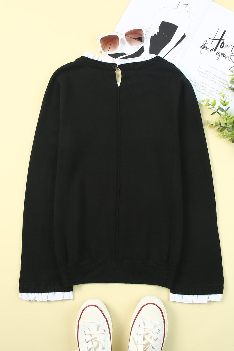 Black Solid Ruffled Crew Neck Knit Sweater