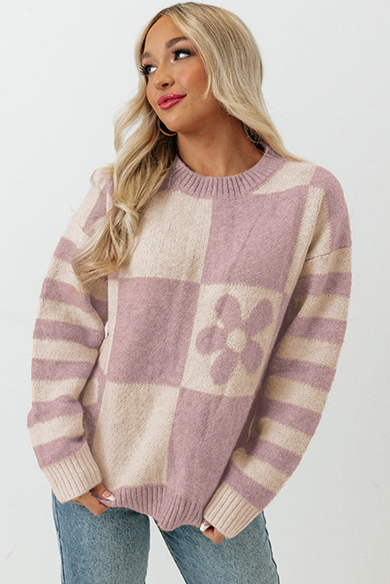 Orchid Petal Checkered Floral Print Striped Sleeve Sweater