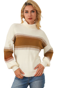 White Printed Patchwork Turtle Neck Knitted Sweater