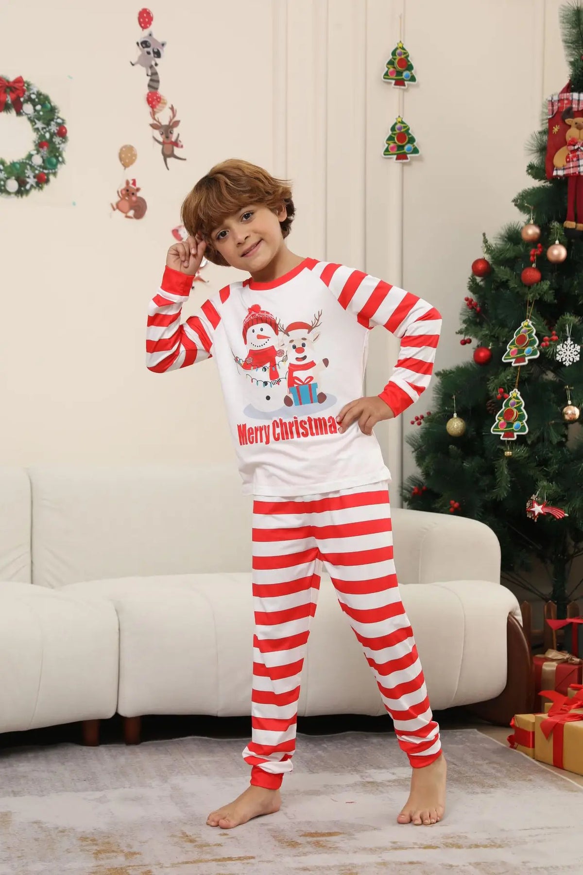 New Christmas family home dress Christmas Deer Snowman family suit red and white stripes patchwork printed pyjamas two-piece set