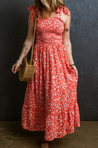 Red Boho Floral Self Tie Straps Smocked Bodice Long Dress