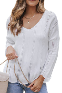 White Hollowed Detail Knitted Loose V Neck Sweater