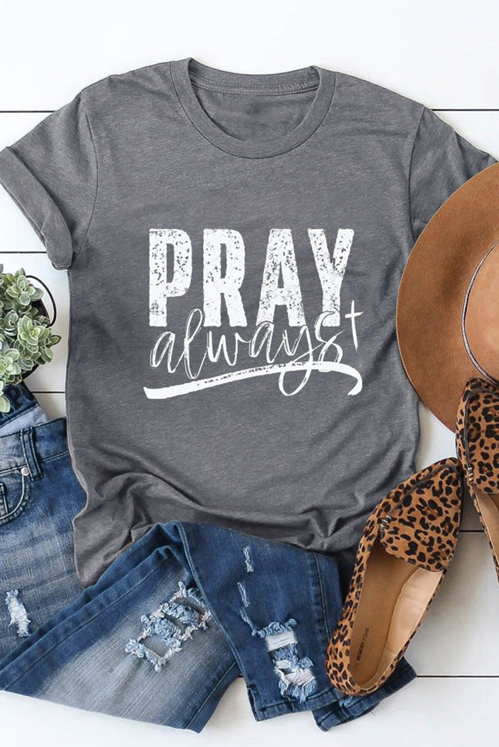 Gray Pray Always Graphic Crew Neck Tee