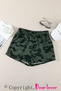 Army Green Camo Print Raw Hem Casual Shorts