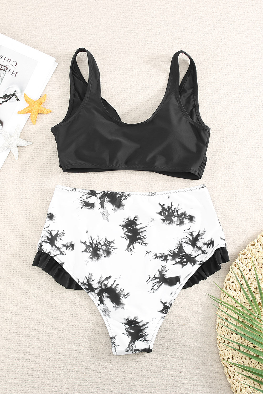 Black Sexy Solid Crisscross Top and Ruffled Tie Dye High Waisted Swimsuit