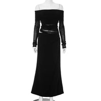 Elegant Mesh Patchwork Maxi Dress for Women Sexy Sheer Off Shoulder Slim Party Dress Autumn Fashion Long Sleeve Holidays Dress