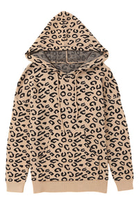 Khaki Leopard Knitted Drawstring Hooded Sweater