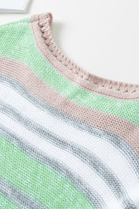 Green Striped Bell Sleeves Loose Sweater