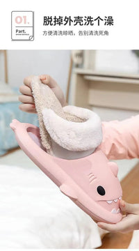 Winter Women Shark Slippers Couple Removable Liner Indoor Warm Cute Shark Slides Plush Cotton Flip Flops Home Indoor Cotton Shoe