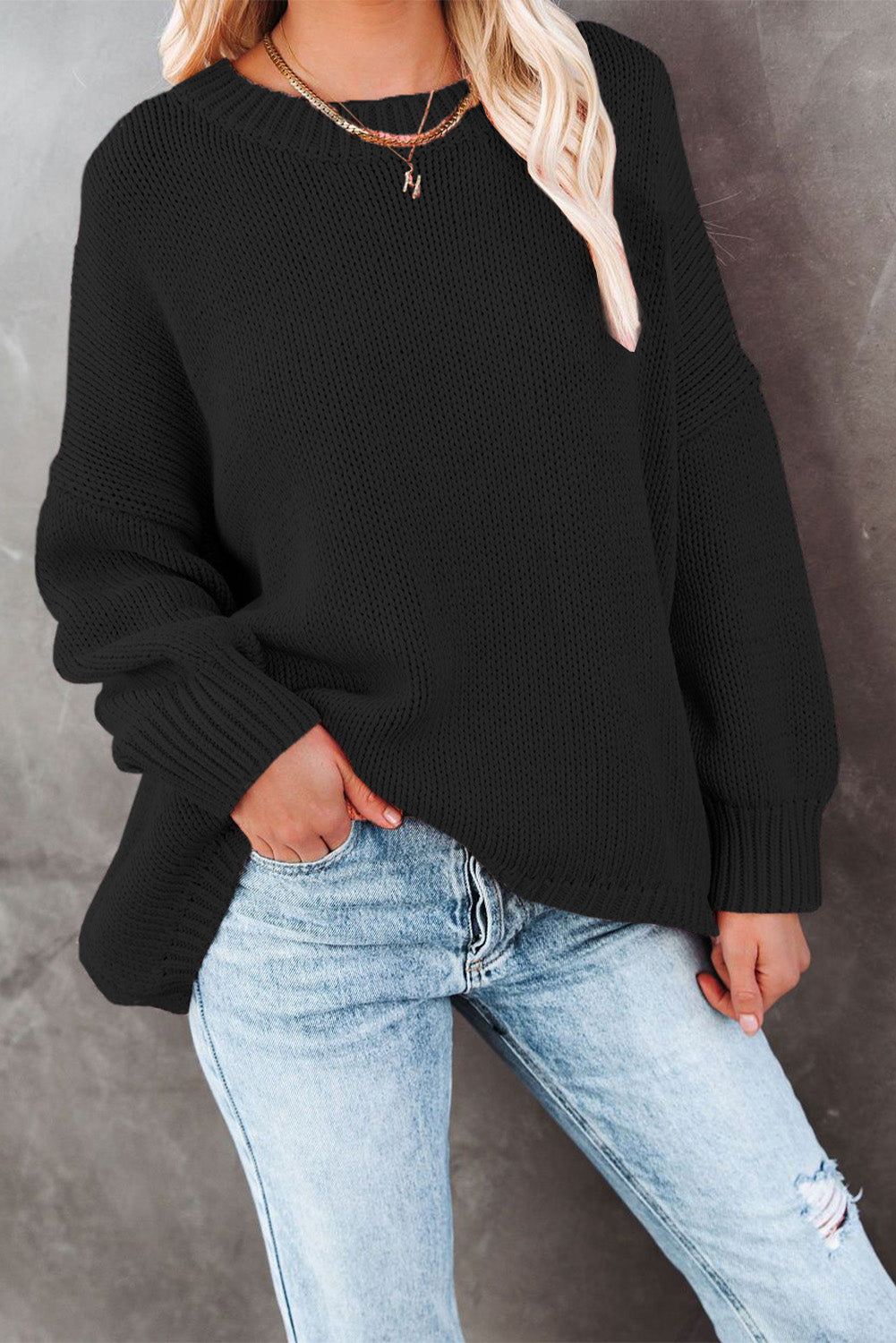 Black Oversize Knitted Drop-shoulder Sleeve Sweater