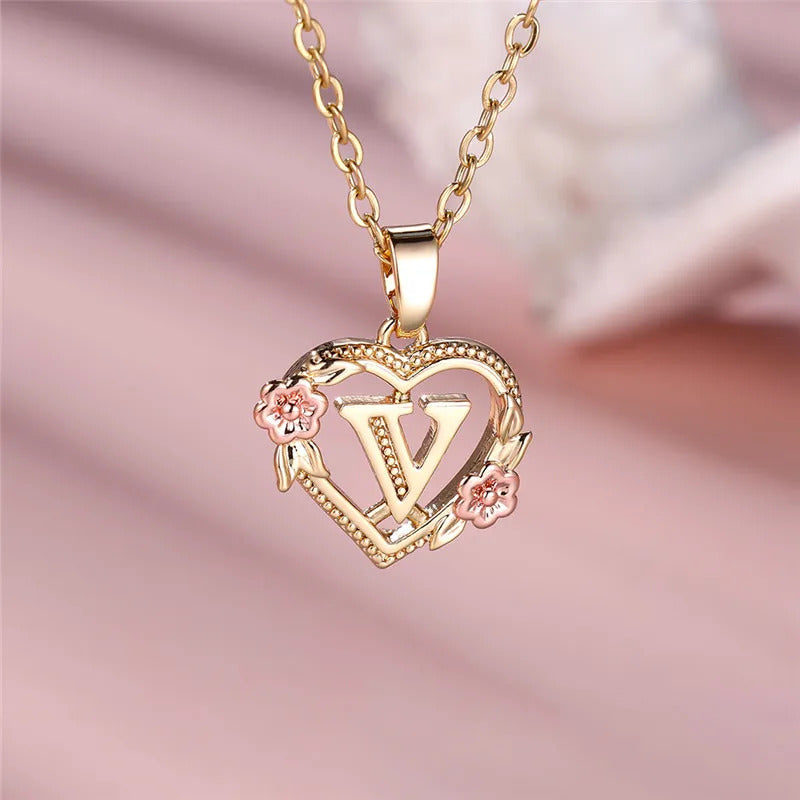 Female A-Z Letter Flower Pendant Necklace Yellow Gold Color Wedding Jewelry Gift For Women