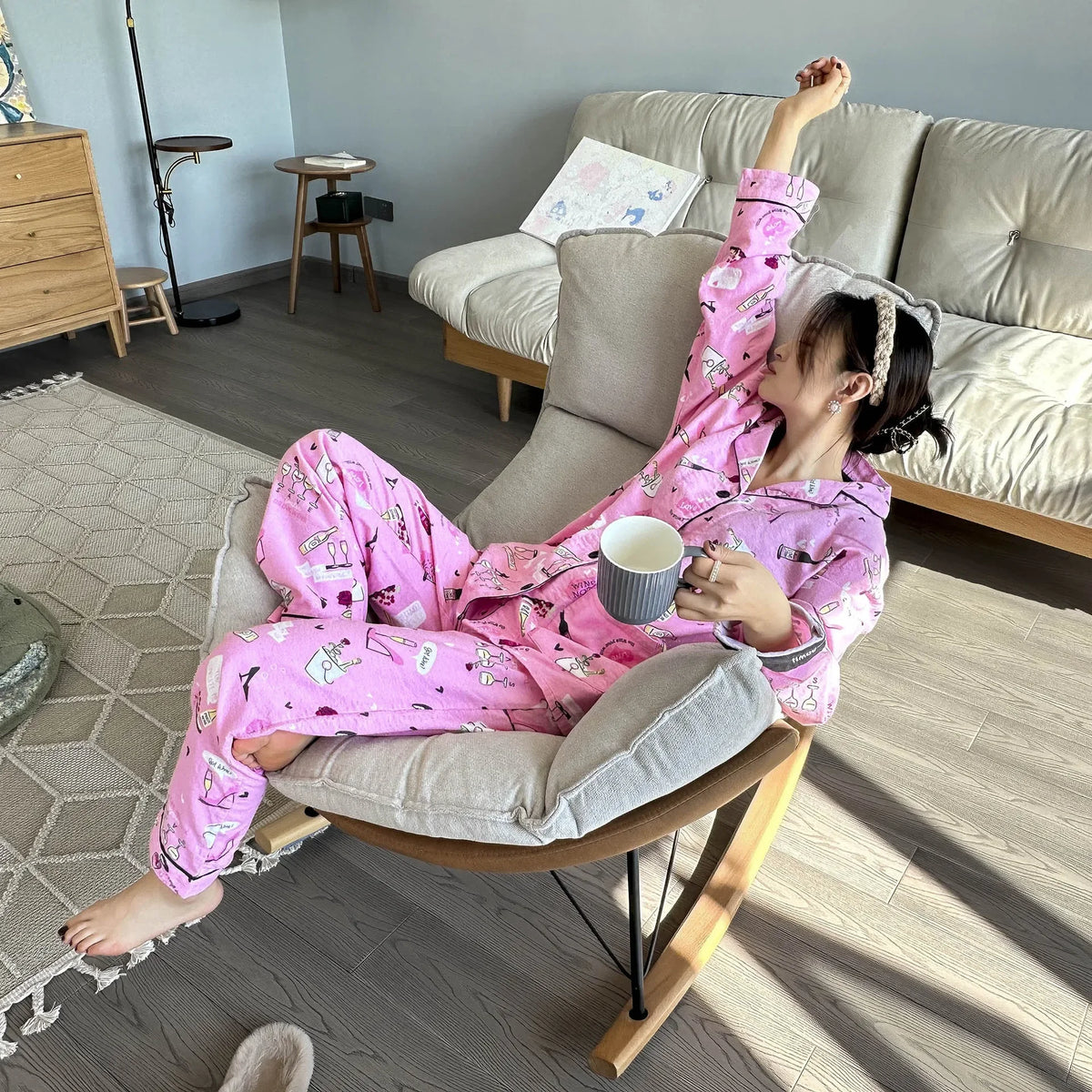 100% Cotton Pajamas for Women Loose Cartoon Long Sleeve Pants Loungewear Women 2 Piece Set Pj Women Outfit Sleepwear Set Pijamas