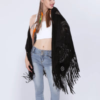 Women's Loose Suede Fringe Open Poncho Cloak Shawl Wrap with Punch Hole Patterns and Graceful Fringes Dropshipping