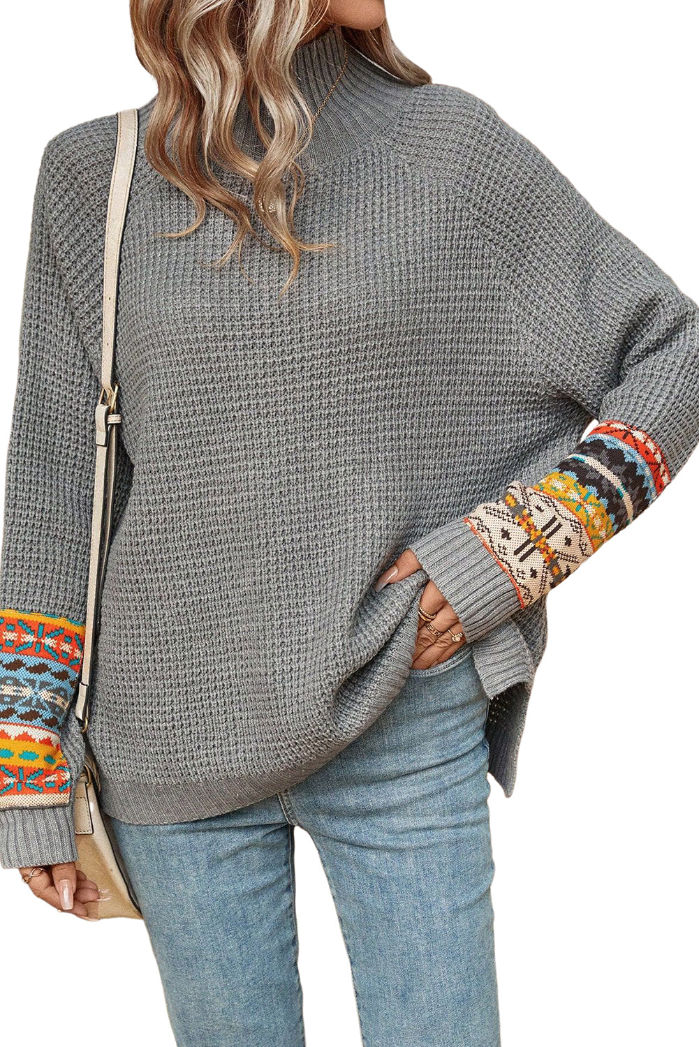 Gray Tribal Patch Raglan Sleeve High Neck Sweater