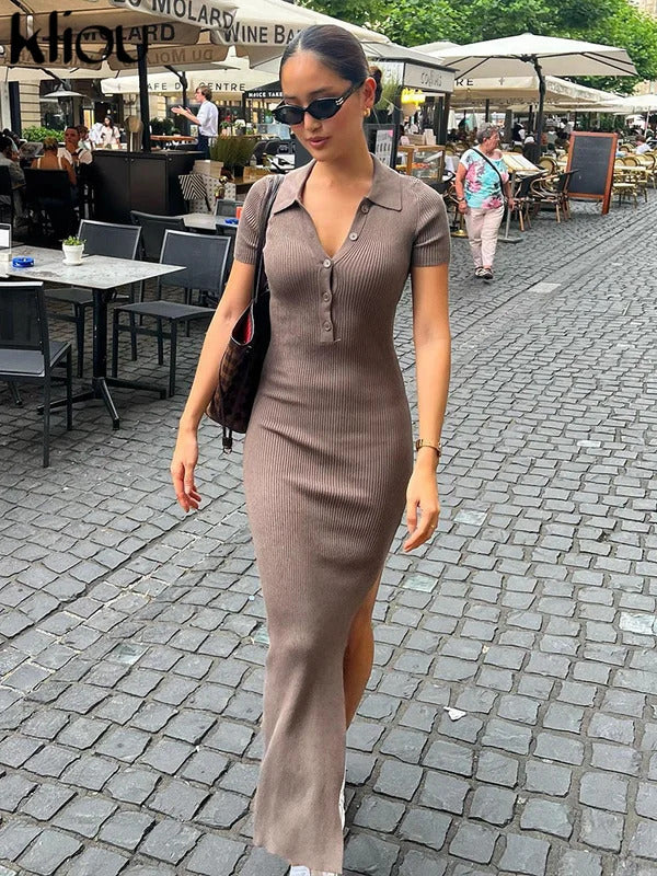 Kliou Elegant Office Lady Maxi Dress Women Solid Fashion Turn-down Collar Short Sleeve Button Side Slit Body-Shaping Street Robe