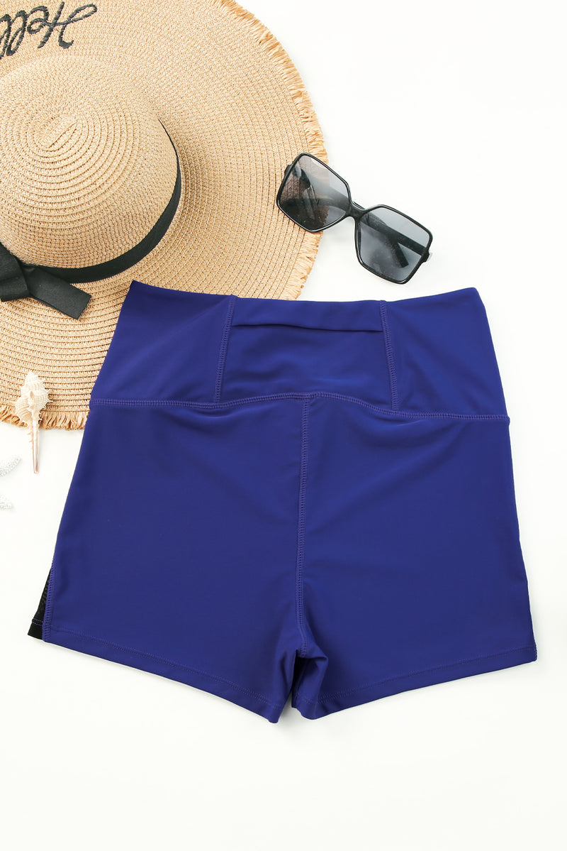 Blue Mesh Cutout Patchwork Swim Shorts